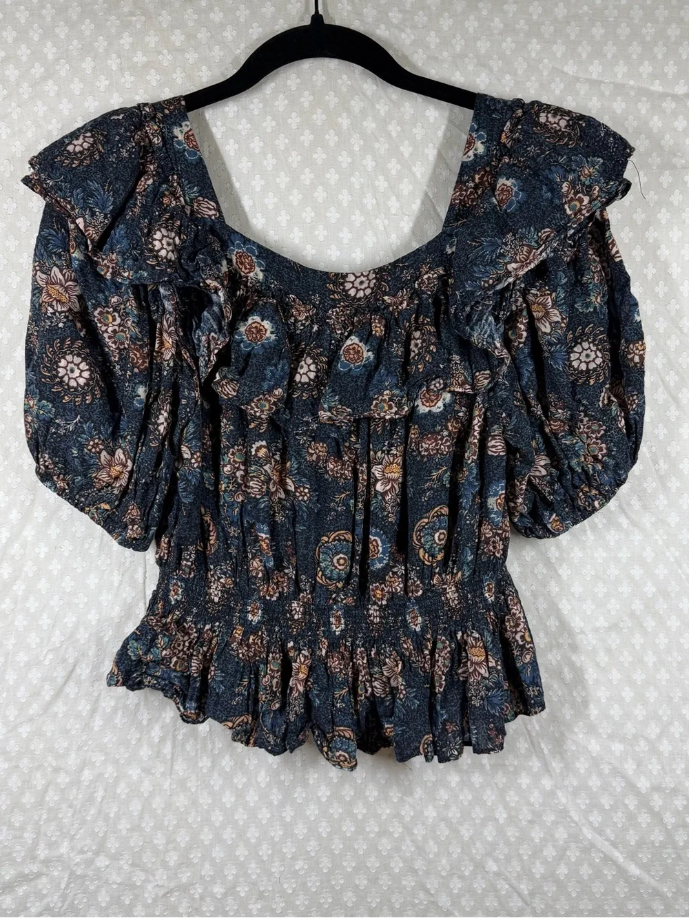 Ulla Johnson‎ Blue Brown Floral Tiered Puff Sleeve Top